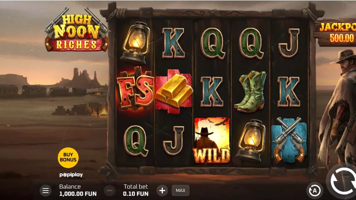 High Noon Riches slot game interface na may Western theme