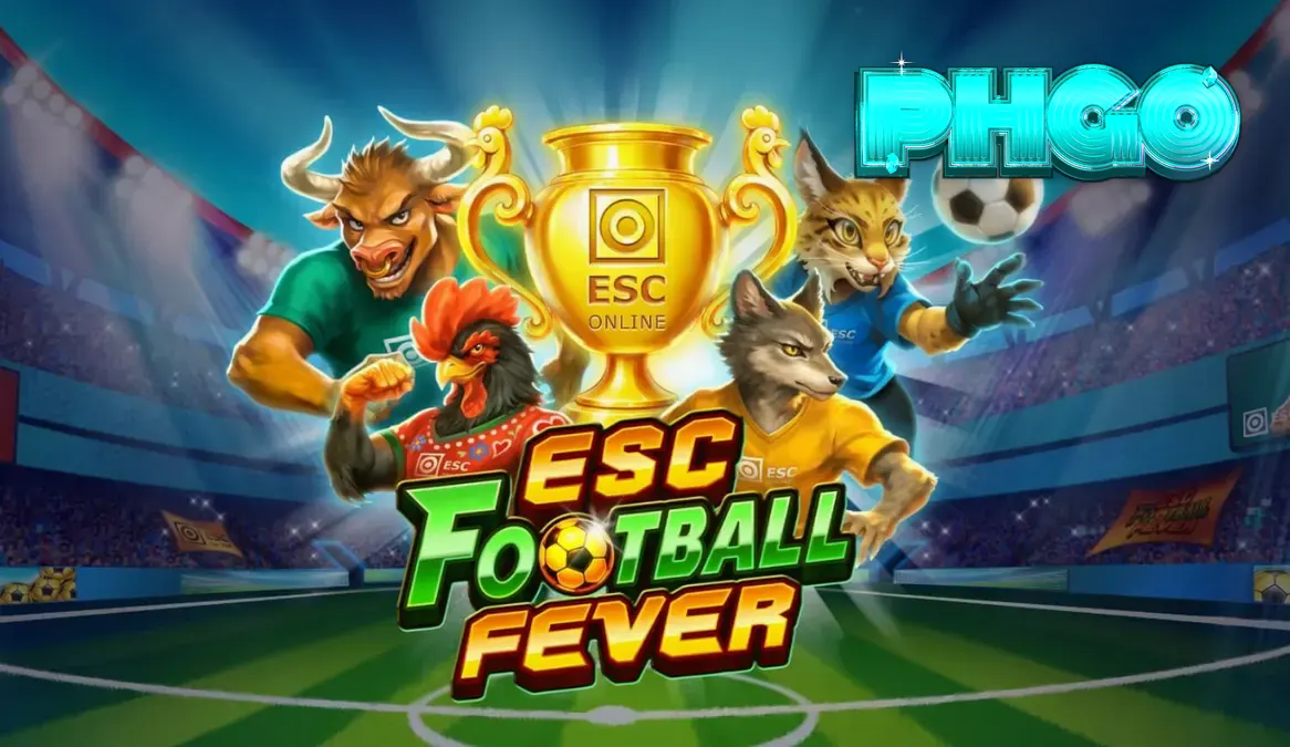Ang makulay na stadium backdrop at mga simbolo ng football sa ESC Football Fever slot.